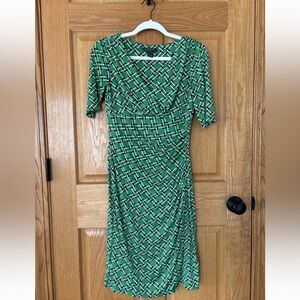 Lauren Ralph Faux Wrap Dress Womens Size 6 Green Navy White Chain Ruched Career
